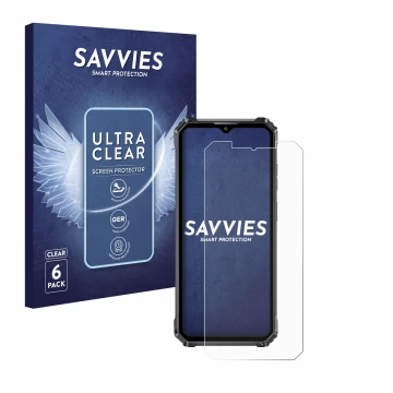 Vorderseite einer Produktverpackung mit dem Markenlogo Savvies. Daneben ist das Gerät Oukitel WP28 mit dem zugehörigen Display