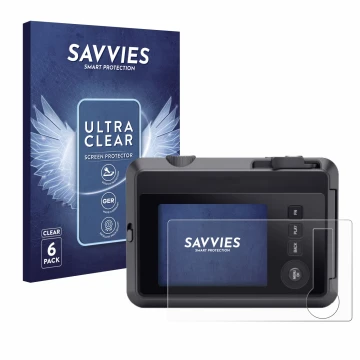 Vorderseite einer Produktverpackung mit dem Markenlogo Savvies. Daneben ist das Gerät Leica SOFORT 2 mit dem zugehörigen Displ
