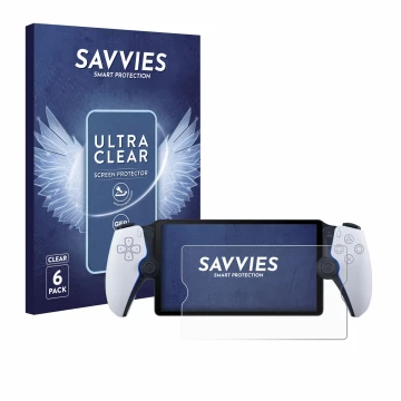 Vorderseite einer Produktverpackung mit dem Markenlogo Savvies. Daneben ist das Gerät Sony Playstation Portal mit dem zugehöri