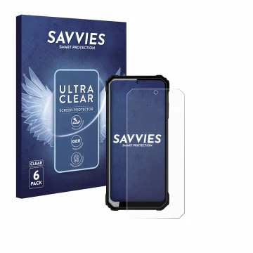 Vorderseite einer Produktverpackung mit dem Markenlogo Savvies. Daneben ist das Gerät Oukitel WP23 mit dem zugehörigen Display