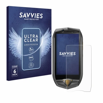 Vorderseite einer Produktverpackung mit dem Markenlogo Savvies. Daneben ist das Gerät Oukitel K16 mit dem zugehörigen Displays