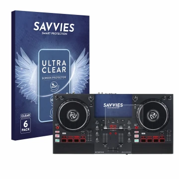 Vorderseite einer Produktverpackung mit dem Markenlogo Savvies. Daneben ist das Gerät Numark Mixstream Pro+ mit dem zugehörige