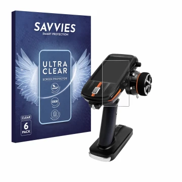 Vorderseite einer Produktverpackung mit dem Markenlogo Savvies. Daneben ist das Gerät RadioLink RC8X mit dem zugehörigen Displ