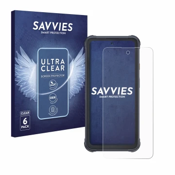 Vorderseite einer Produktverpackung mit dem Markenlogo Savvies. Daneben ist das Gerät Cubot King Kong 8 mit dem zugehörigen Di