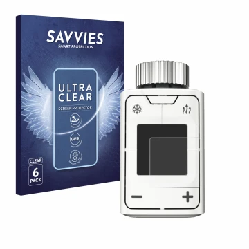 Vorderseite einer Produktverpackung mit dem Markenlogo Savvies. Daneben ist das Gerät AVM FRITZ!DECT 302 mit dem zugehörigen D