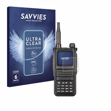 Vorderseite einer Produktverpackung mit dem Markenlogo Savvies. Daneben ist das Gerät Radtel RT-470X mit dem zugehörigen Displ