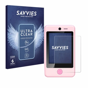 Vorderseite einer Produktverpackung mit dem Markenlogo Savvies. Daneben ist das Gerät Pthtechus Children’s Smartphone mit dem 