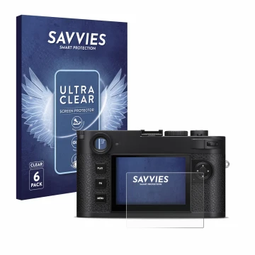 Vorderseite einer Produktverpackung mit dem Markenlogo Savvies. Daneben ist das Gerät Leica M11-P mit dem zugehörigen Displays