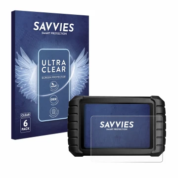 Vorderseite einer Produktverpackung mit dem Markenlogo Savvies. Daneben ist das Gerät iCarsoft CR Max mit dem zugehörigen Disp