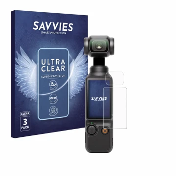 Vorderseite einer Produktverpackung mit dem Markenlogo Savvies. Daneben ist das Gerät DJI Osmo Pocket 3 (Display + Linse) mit 