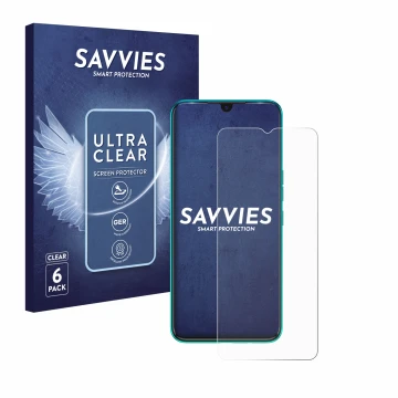Vorderseite einer Produktverpackung mit dem Markenlogo Savvies. Daneben ist das Gerät Tecno Spark 7 mit dem zugehörigen Displa