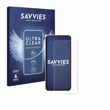 Vorderseite einer Produktverpackung mit dem Markenlogo Savvies. Daneben ist das Gerät Google Pixel 8 (case-friendly) mit dem z