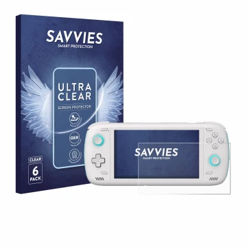 Vorderseite einer Produktverpackung mit dem Markenlogo Savvies. Daneben ist das Gerät AYN Odin 2 mit dem zugehörigen Displaysc