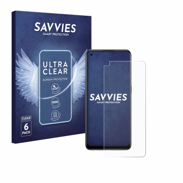 Vorderseite einer Produktverpackung mit dem Markenlogo Savvies. Daneben ist das Gerät Oppo Reno 8T mit dem zugehörigen Display