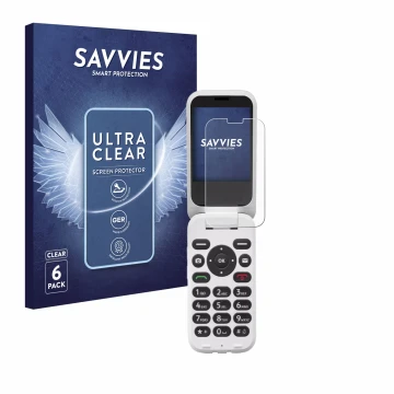 Vorderseite einer Produktverpackung mit dem Markenlogo Savvies. Daneben ist das Gerät Doro 6820 mit dem zugehörigen Displaysch