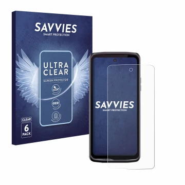 Vorderseite einer Produktverpackung mit dem Markenlogo Savvies. Daneben ist das Gerät Crosscall Stellar X5 mit dem zugehörigen