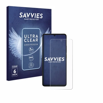 Vorderseite einer Produktverpackung mit dem Markenlogo Savvies. Daneben ist das Gerät Xiaomi Poco X6 Pro mit dem zugehörigen D