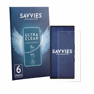 Vorderseite einer Produktverpackung mit dem Markenlogo Savvies. Daneben ist das Gerät ZTE Nubia Red Magic 9 Pro mit dem zugehö