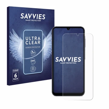 Vorderseite einer Produktverpackung mit dem Markenlogo Savvies. Daneben ist das Gerät Samsung Galaxy A25 5G mit dem zugehörige