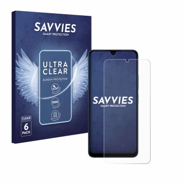 Vorderseite einer Produktverpackung mit dem Markenlogo Savvies. Daneben ist das Gerät Xiaomi Redmi 13C 5G mit dem zugehörigen 