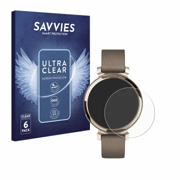 Vorderseite einer Produktverpackung mit dem Markenlogo Savvies. Daneben ist das Gerät Garmin Lily 2 mit dem zugehörigen Displa