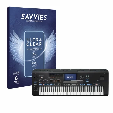 Vorderseite einer Produktverpackung mit dem Markenlogo Savvies. Daneben ist das Gerät Yamaha Genos2 mit dem zugehörigen Displa