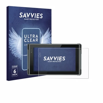 Vorderseite einer Produktverpackung mit dem Markenlogo Savvies. Daneben ist das Gerät Hugerock X7 mit dem zugehörigen Displays