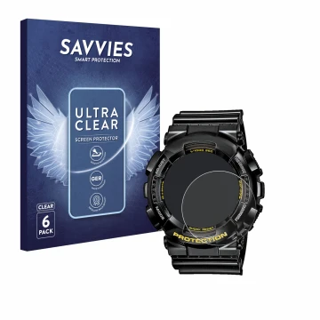 Vorderseite einer Produktverpackung mit dem Markenlogo Savvies. Daneben ist das Gerät Casio G-Shock GA-110GB-1A mit dem zugehö