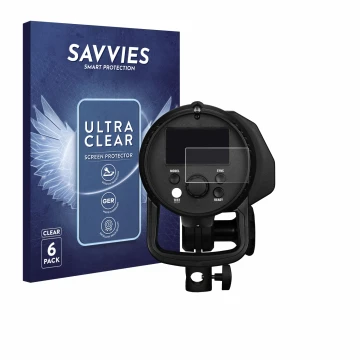 Vorderseite einer Produktverpackung mit dem Markenlogo Savvies. Daneben ist das Gerät Profoto B1X mit dem zugehörigen Displays