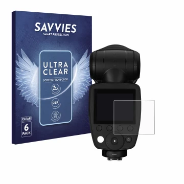 Vorderseite einer Produktverpackung mit dem Markenlogo Savvies. Daneben ist das Gerät Profoto A10 mit dem zugehörigen Displays