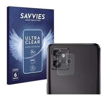 Vorderseite einer Produktverpackung mit dem Markenlogo Savvies. Daneben ist das Gerät Motorola Moto G32 (NUR Kameraschutz) mit