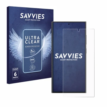 Vorderseite einer Produktverpackung mit dem Markenlogo Savvies. Daneben ist das Gerät Samsung Galaxy S24 Ultra (case-friendly)