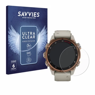 Vorderseite einer Produktverpackung mit dem Markenlogo Savvies. Daneben ist das Gerät Garmin Descent Mk3 (43 mm) mit dem zugeh