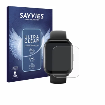 Vorderseite einer Produktverpackung mit dem Markenlogo Savvies. Daneben ist das Gerät Amazfit Active mit dem zugehörigen Displ