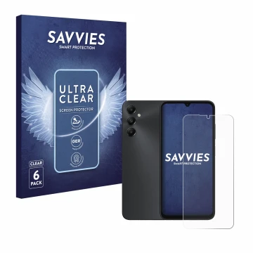 Vorderseite einer Produktverpackung mit dem Markenlogo Savvies. Daneben ist das Gerät Samsung Galaxy A05s mit dem zugehörigen 