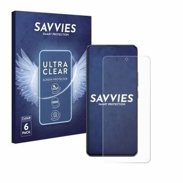 Vorderseite einer Produktverpackung mit dem Markenlogo Savvies. Daneben ist das Gerät Xiaomi Poco X6 mit dem zugehörigen Displ