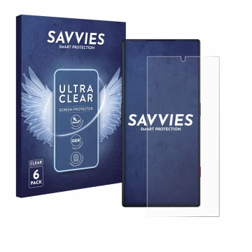 Vorderseite einer Produktverpackung mit dem Markenlogo Savvies. Daneben ist das Gerät ZTE Nubia Red Magic 8 Pro mit dem zugehö
