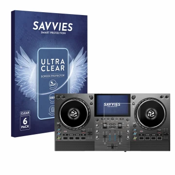 Vorderseite einer Produktverpackung mit dem Markenlogo Savvies. Daneben ist das Gerät Numark Mixstream Pro Go mit dem zugehöri