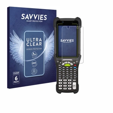 Vorderseite einer Produktverpackung mit dem Markenlogo Savvies. Daneben ist das Gerät Zebra MC9400 mit dem zugehörigen Display
