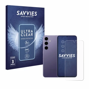 Vorderseite einer Produktverpackung mit dem Markenlogo Savvies. Daneben ist das Gerät Samsung Galaxy S24 (Display+Kamera) mit 