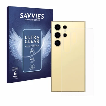 Vorderseite einer Produktverpackung mit dem Markenlogo Savvies. Daneben ist das Gerät Samsung Galaxy S24 Ultra (Rückseite) mit