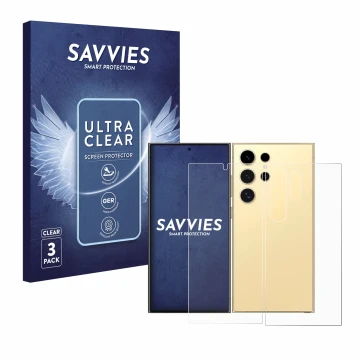 Vorderseite einer Produktverpackung mit dem Markenlogo Savvies. Daneben ist das Gerät Samsung Galaxy S24 Ultra (case-friendly)