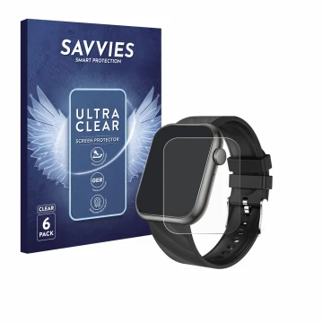 Vorderseite einer Produktverpackung mit dem Markenlogo Savvies. Daneben ist das Gerät walkbee Smartwatch 1.96