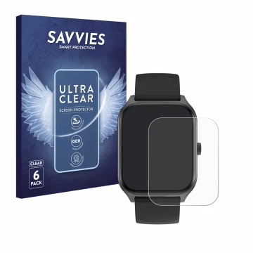Vorderseite einer Produktverpackung mit dem Markenlogo Savvies. Daneben ist das Gerät Yuede Smartwatch 1.96