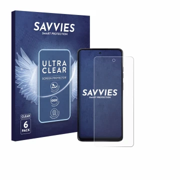 Vorderseite einer Produktverpackung mit dem Markenlogo Savvies. Daneben ist das Gerät Motorola Moto G24 mit dem zugehörigen Di