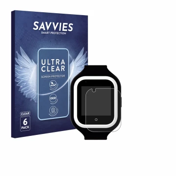 Vorderseite einer Produktverpackung mit dem Markenlogo Savvies. Daneben ist das Gerät SaveFamily Iconic Plus 4G mit dem zugehö