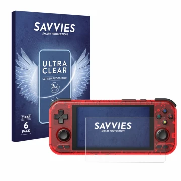 Vorderseite einer Produktverpackung mit dem Markenlogo Savvies. Daneben ist das Gerät Retroid Pocket 4 Pro mit dem zugehörigen