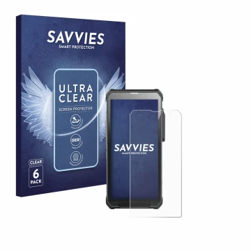 Vorderseite einer Produktverpackung mit dem Markenlogo Savvies. Daneben ist das Gerät RugGear RG880 mit dem zugehörigen Displa