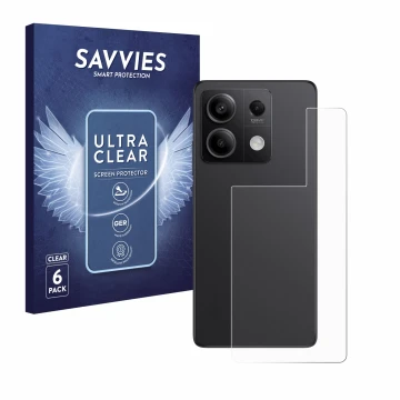 Vorderseite einer Produktverpackung mit dem Markenlogo Savvies. Daneben ist das Gerät Xiaomi Redmi Note 13 Pro 5G (Rückseite) 
