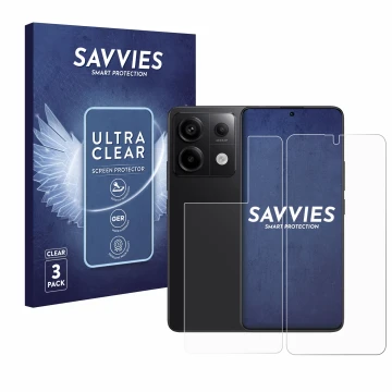 Vorderseite einer Produktverpackung mit dem Markenlogo Savvies. Daneben ist das Gerät Xiaomi Redmi Note 13 Pro 5G (Display+Rüc